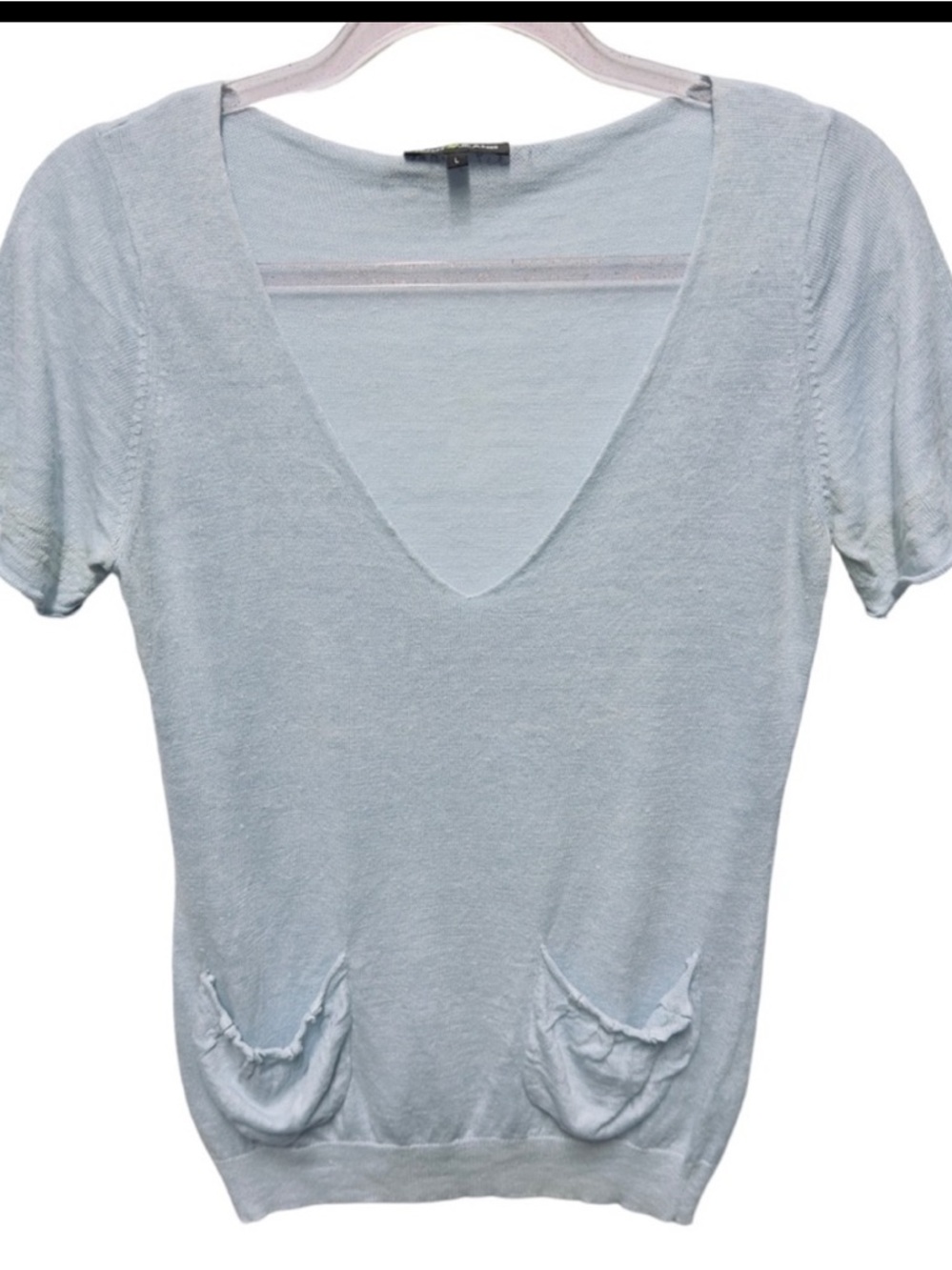 DKNY Pale Blue V-Neck Short 100% linen Knit Top